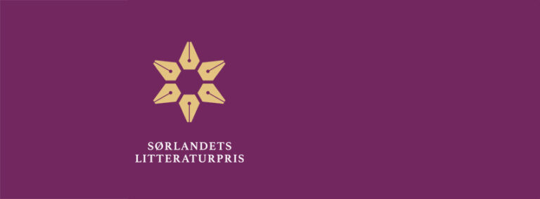 Logo Sørlandets litteraturpris. Lilla bakgrunn, gule pennehoder, hvit skrift