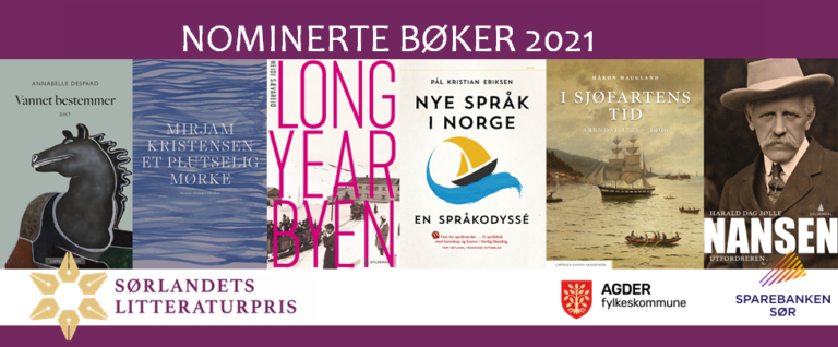Bildekollasj av de nominerte bøkene 2021; Vannet bestemmer, Et plutselig mørke, Longyearbyen, Nye språk i Norge, I sjøfartens tid og Nansen- utfordreren