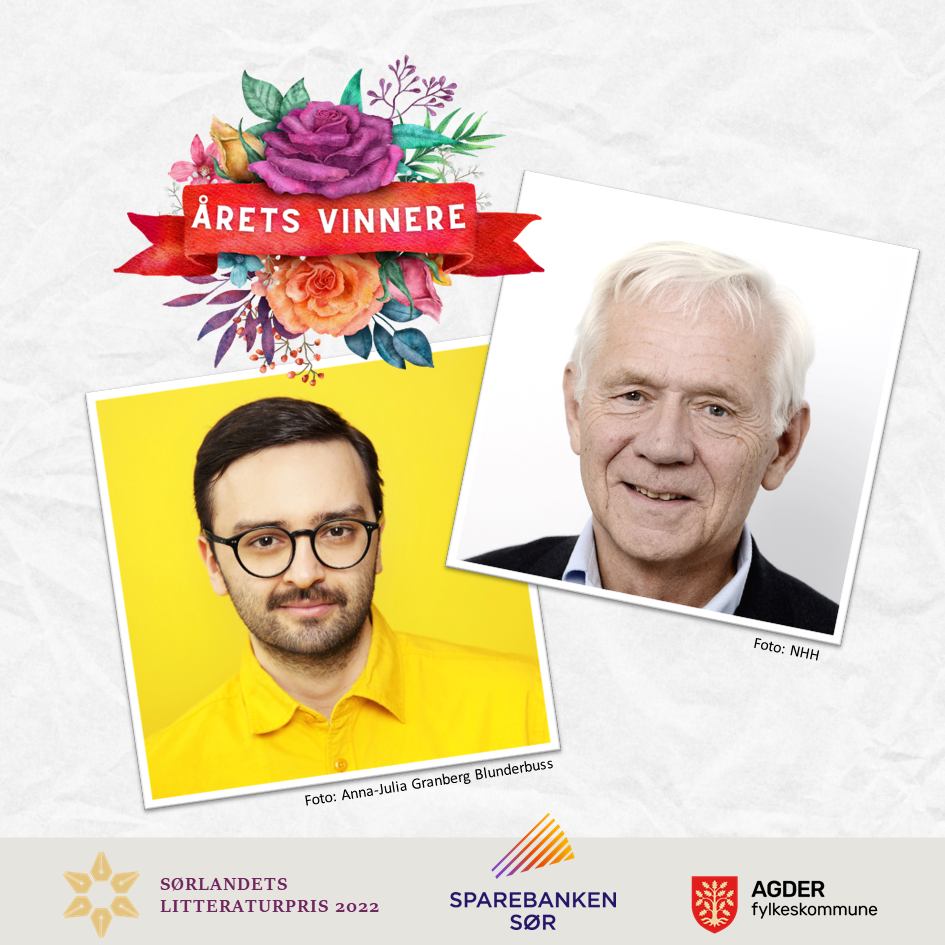 Portrettfoto av vinnerne av Sørlandets litteraturpris 2022: Bruno Jovanovic og Victor Norman