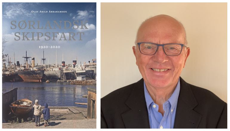 Olav Arild Abrahamsen er nominert til Sørlandets litteraturpris 2023 for boka «Sørlandsk skipsfart 1920-2020» (Cappelen Damm, 2022). Foto: Cappelen Damm. Bilde viser bokas forside og foto av forfatteren.